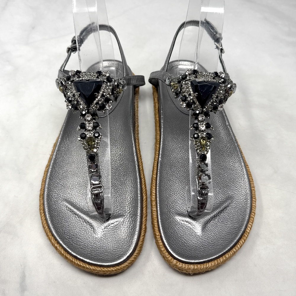Jimmy Choo Neal Rhinestone Jeweled T-Strap Espadrille Molded Comfort Sandals 36